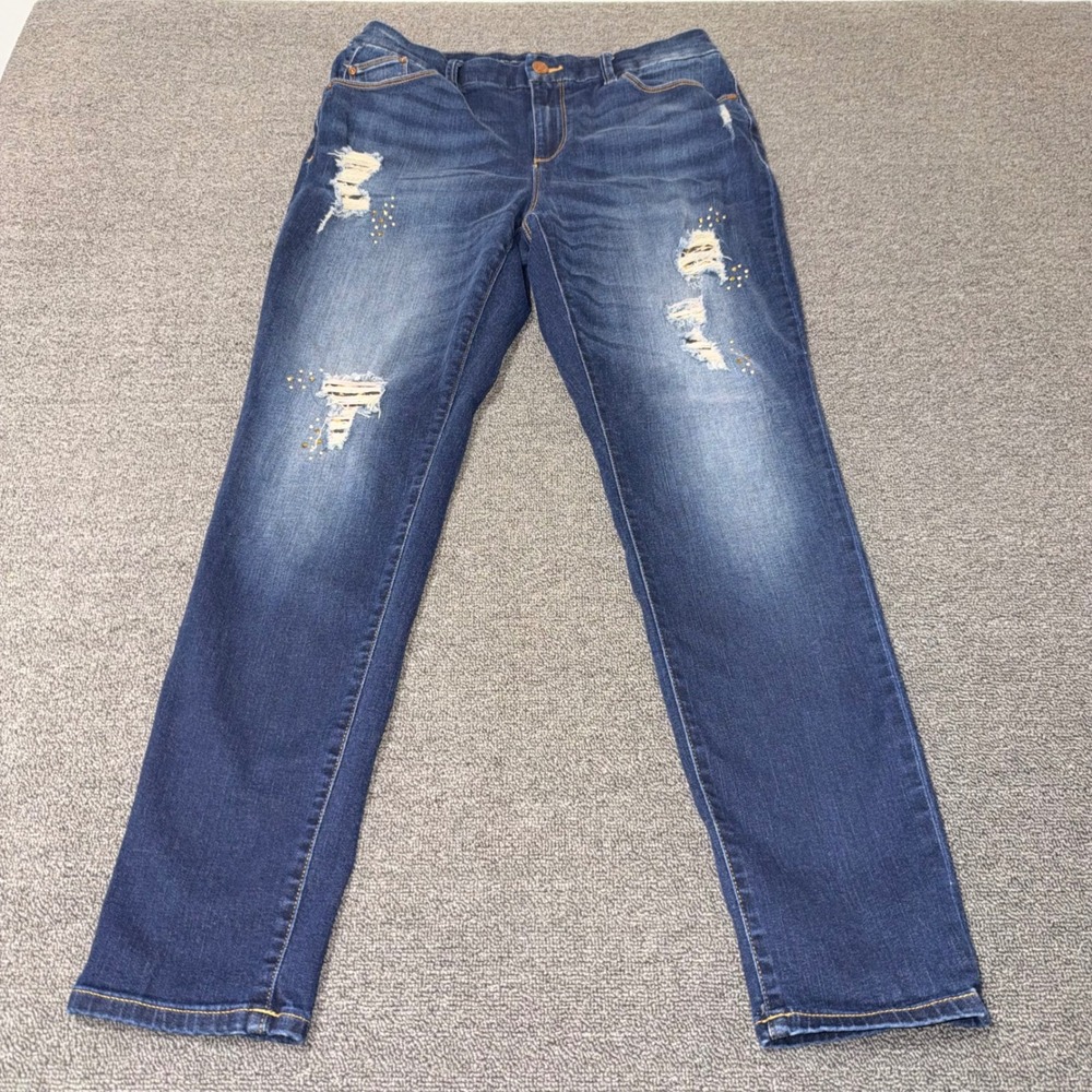 Chicos The Platinum Jegging Dark Wash Distressed Studded Skinny Jeans Size 0.5